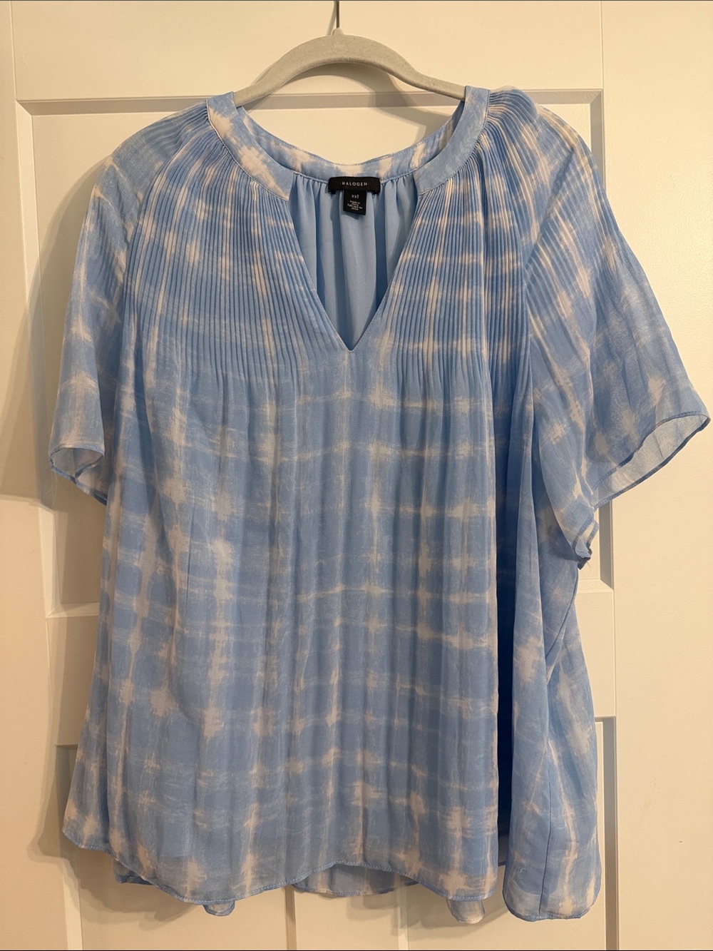 Halogen Light Blue and White Tie-Dye Pintuck V-Neck Blouse